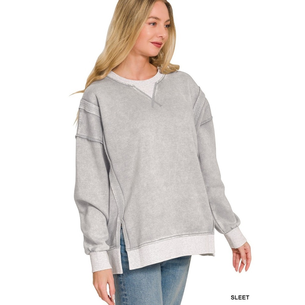 Zenana Fleece Acid Washed‎ Contrast Trim Pullover - Large